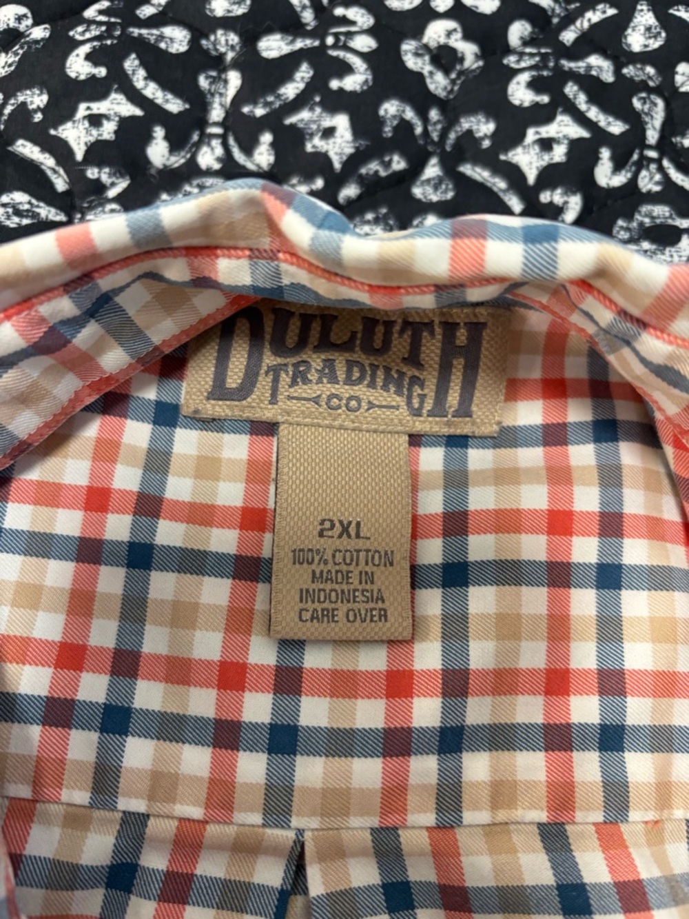 Duluth Trading Co Plaid Button-Down Shirt in Orange, Blue & Tan